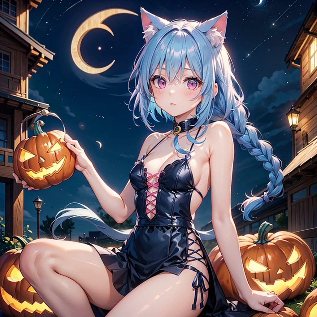 (Sky blue hair),(Braided short hair), (Pink Eyes),Fair skin) ,(whole body),(One Girl),(Crescent Moon),(There are lots of pumpkin ghosts in the background),Cat ear,Cat's Tail,(Sailor suit),(Ahegao),(Fall into Darkness),If you don't give me sweets, I'll play a prank on you.),Halloween Night Party),(masterpiece, Highest quality, Very detailed, Best Shadow), (Detailed Background), (Beautifully detailed face), High Contrast, (Best lighting, Very delicate and beautiful), ((Cinematic Light)), Hyper Detail,8k, Dramatic Light, Intricate details,night,(Bats flying in the background),Pumpkin handbag,There are sweets in the bag,High quality