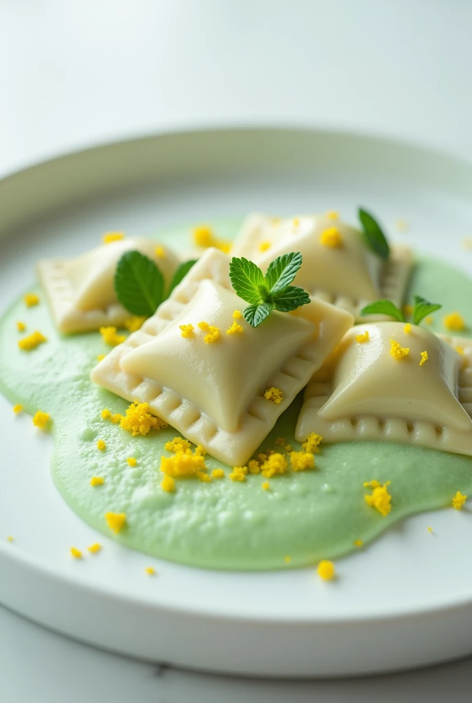 a square ravioli with a mint foam base decorated with lemon zest 
