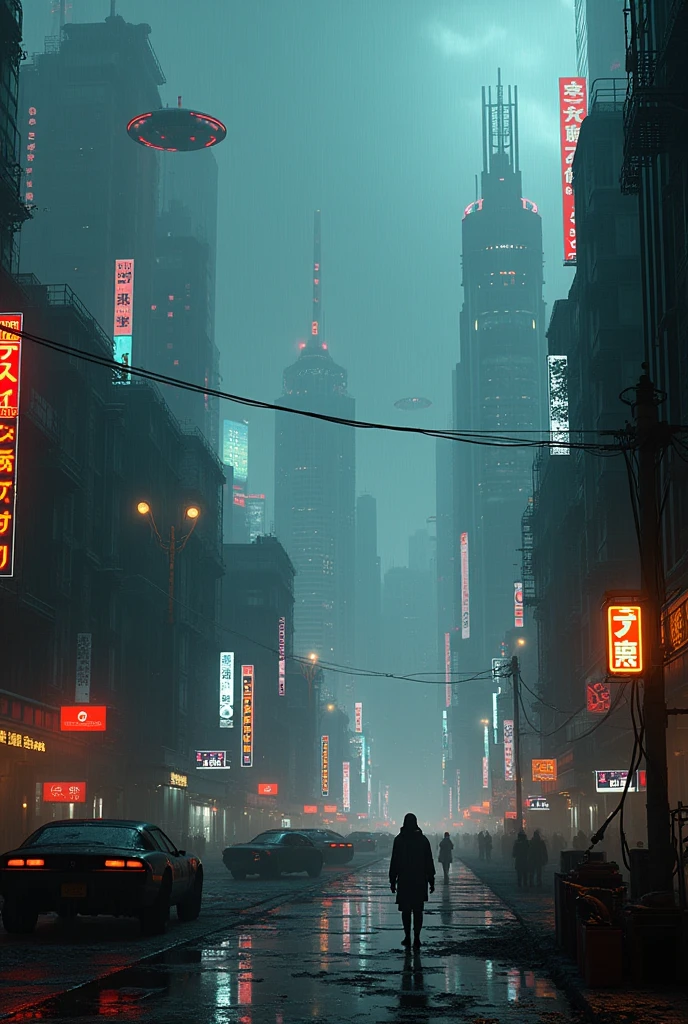 CyberCity Vertion Dark Fantasy of Blade Runner 2049, Panoramic view of City, NeoPunk, CyberPunk, Distopic City, Distopic View, Skine Line, Buildings, spinner vehicule, rain, ligths, smoke, nigth, realism, hiper realism, photo realism, perfection, master piece, beautiful view, mist, hologram, advertising, merkating, human, people, 8k, 4k. Sciencie fiction, architecture, android, robot, neon ligth, trash, garbage, metropolis, river, gate, bridge, sheap, higthtech, future, industrial, steel, war, army, weapon, distopic society, freeway, machine, publicidad mediante hologramas 3d, vehiculo spinner.