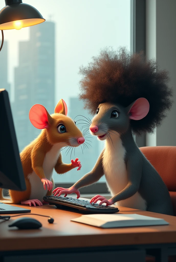He wants you to draw two rats, one rat with a computer and the other with an anime-style afro. 