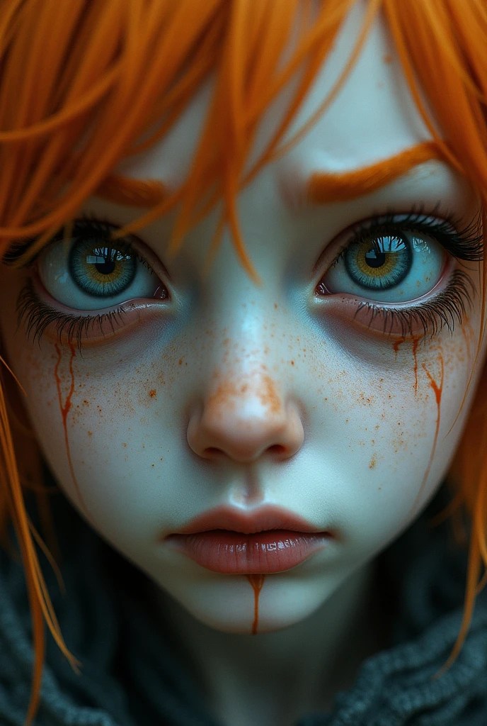 pair of eyes only eyes. watery eyes, with tears. They show sadness, hatred, anger. orange eyebrows strands of orange hair falling in a loop. porcelain skin, covered in ash and dust.