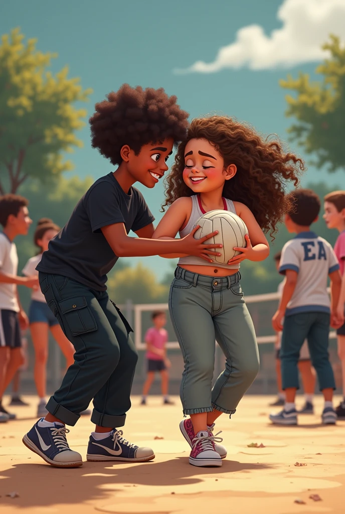 A brown boy with short curly brown hair in black cargo pants and a black shirt helping a very white chubby girl with long curly brown hair in a cropped top and baggy pants who got hit in the face by a ball in class, two teenagers and people around them playing volleyball 