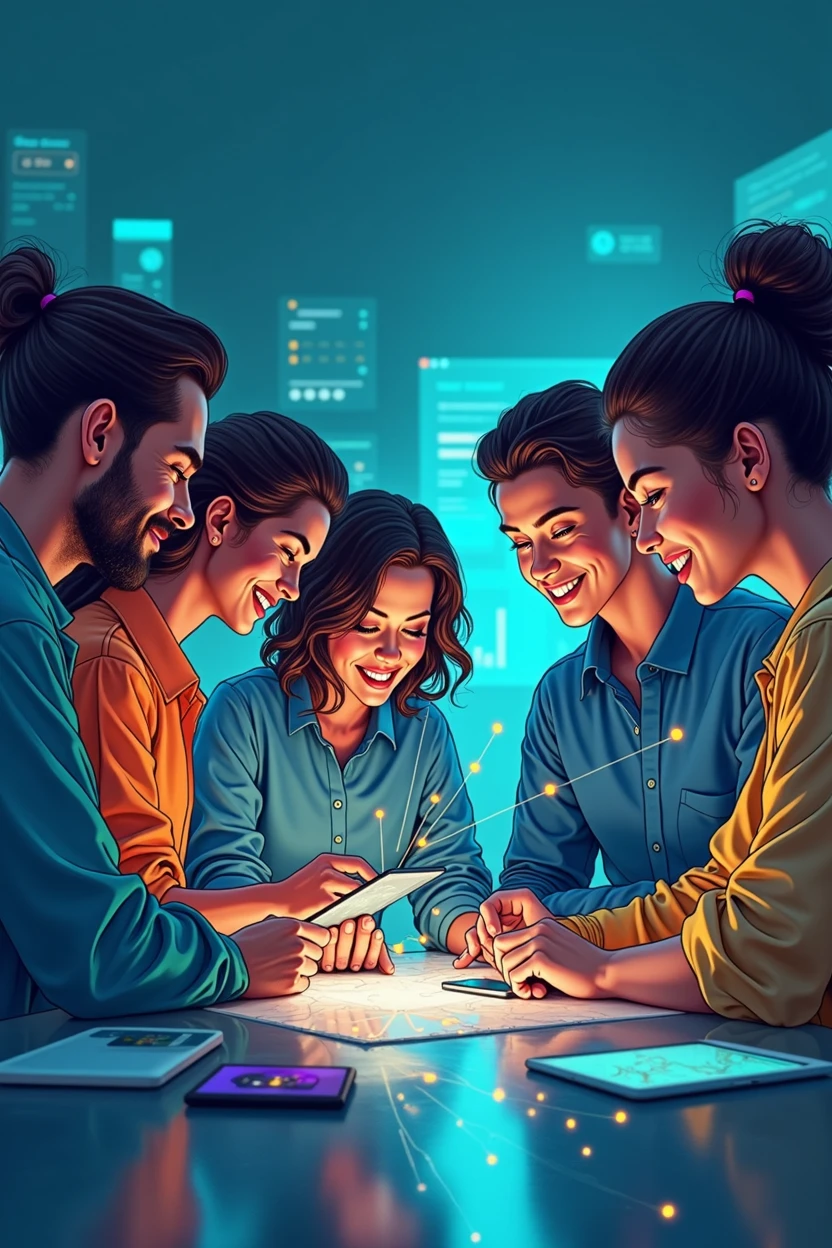 A detailed illustration of a diverse and inclusive team of men and women from various backgrounds, ethnicities, and specifically including people from Brazil, working together in a modern, high-tech environment. The team is connected by digital devices like tablets and laptops, symbolizing collaboration. Dynamic lines of light or energy in soft orange and blue tones flow between the team members, representing the exchange of ideas and innovation. The background is a futuristic setting with subtle elements like holograms, digital interfaces, and geometric patterns that suggest technology and progress. The overall style is clean, with vibrant colors such as blues, greens, and purples, creating a modern and energetic atmosphere.