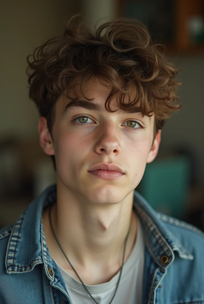 A photo of a boy with delicate features but who is a teenager almost entering adulthood ,light skin and brown hair,in some casual pose but at least showing up to the shoulders,that the photo does not have much quality and that the background is in a humble house