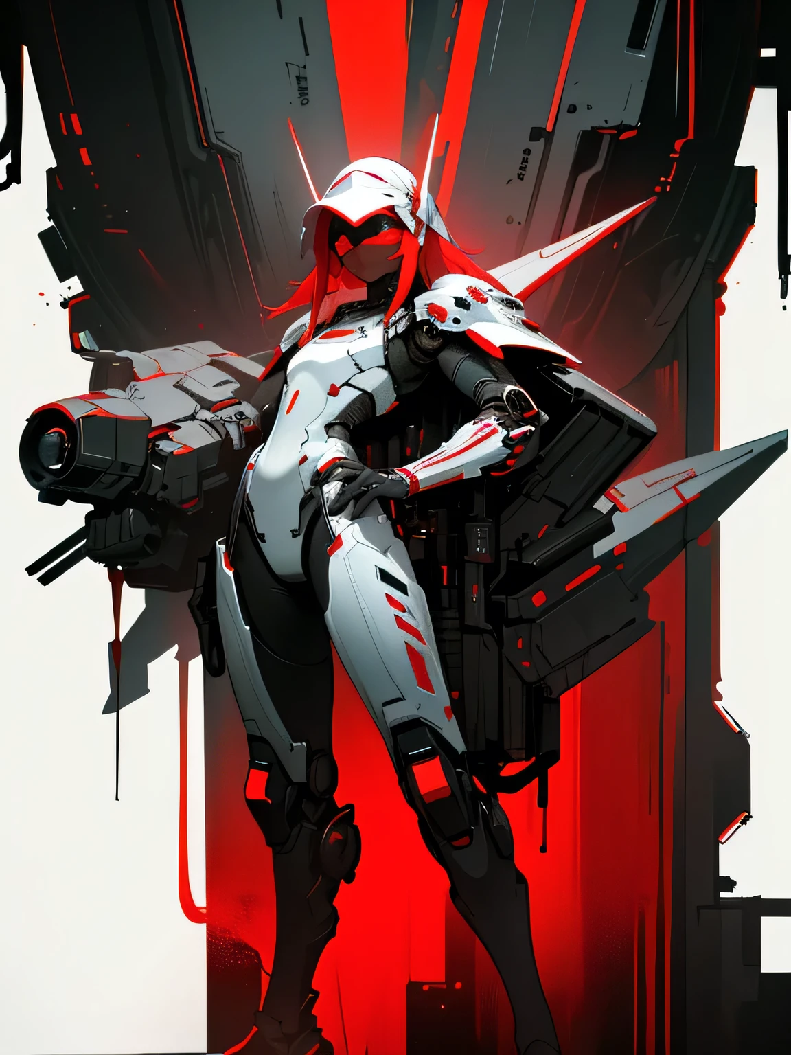 (dark cyberpunk art), dystopic art, ((full body portrait)), mechanized girl, pale skin, (red massive open visor), glowing visor, pale armor, red white armor, red aura, (hanging in the air), cyberpunk underground, highly detailed art, dark fantasy art