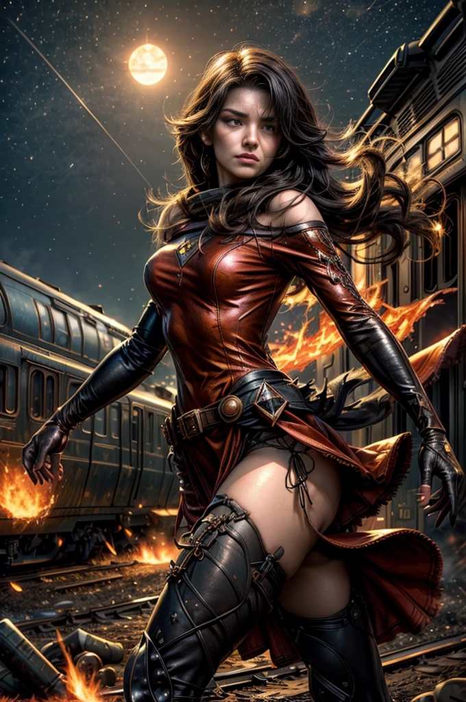 (masterpiece, best quality:1.2), cowboy shot, solo, 1girl, cinder fall, looking at viewer, long hair, red dress, elbow gloves, pantyhose, dynamic pose, next to wrecked train, holding flame, night, stars, closed mouth, serious look, serious expression, post-apocalypse, dystopian future crowd, (volumetric lighting), sharp focus, hyper detailed