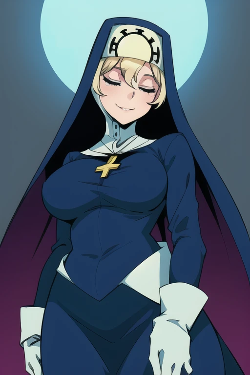 Double, short blonde hair, medium breasts, solo, 1girl, smiling, cowboy shot, closed eyes, 
 blue habit, cross necklace ,white gloves, long sleeves, nun, long skirt
(insanely detailed, beautiful detailed face,beautiful detailed eyes, masterpiece, best quality) from below, 