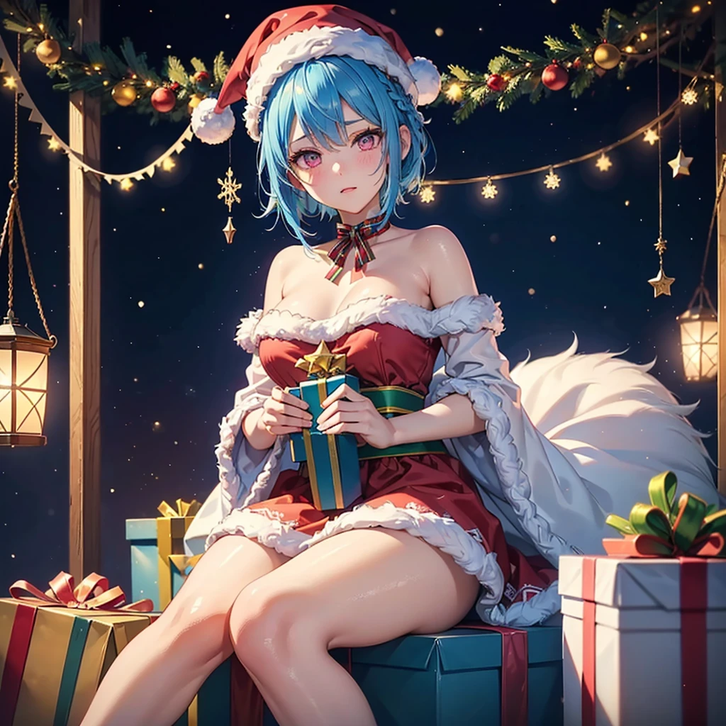 (Sky blue hair),(Braided short hair), (Pink Eyes),Fair skin) ,(whole body),(One Girl),(Gift boxes filling the background),(Santa Claus clothes),(Ahegao),Santa Claus hat,(Christmas Party),(masterpiece, Highest quality, Very detailed, Best Shadow), (Detailed Background), (Beautifully detailed face), High Contrast, (Best lighting, Very delicate and beautiful), ((Cinematic Light)), Hyper Detail,8k, Dramatic Light, Intricate details,night,(Christmas tree)