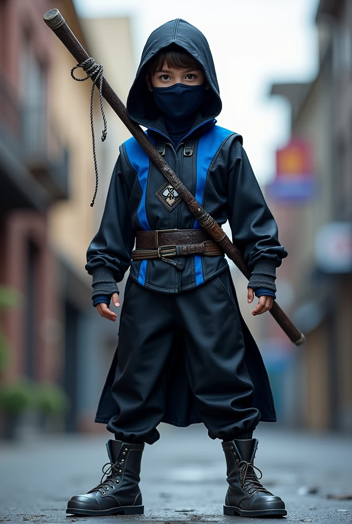 He wants a character with a black and blue costume that carries a stick on his back but a fighting stick that the character is a 15 year old boy, I also want you to make a mask He wears more or less metal boots, Make the mask however you want, but just in case, the eye color is brown., the design of the mask is a cloth mask, and also on his chest he carries a symbol of a staff