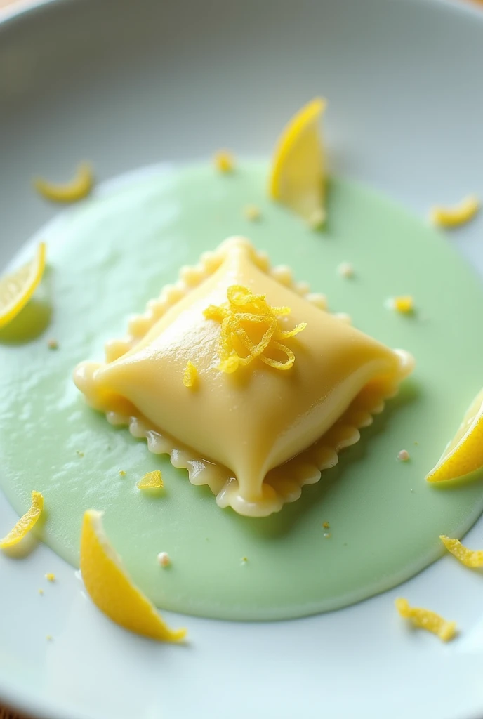 a square ravioli with a mint foam base decorated with lemon zest 
