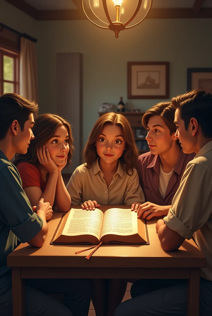 Family talking at a table with a bible in the middle of it