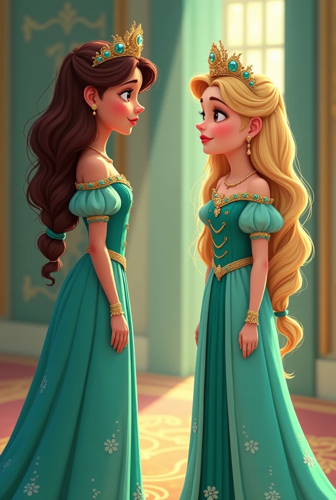 Animated pixart girl princess in her royal aqua green dress standing looking at a queen face to face with tenderness