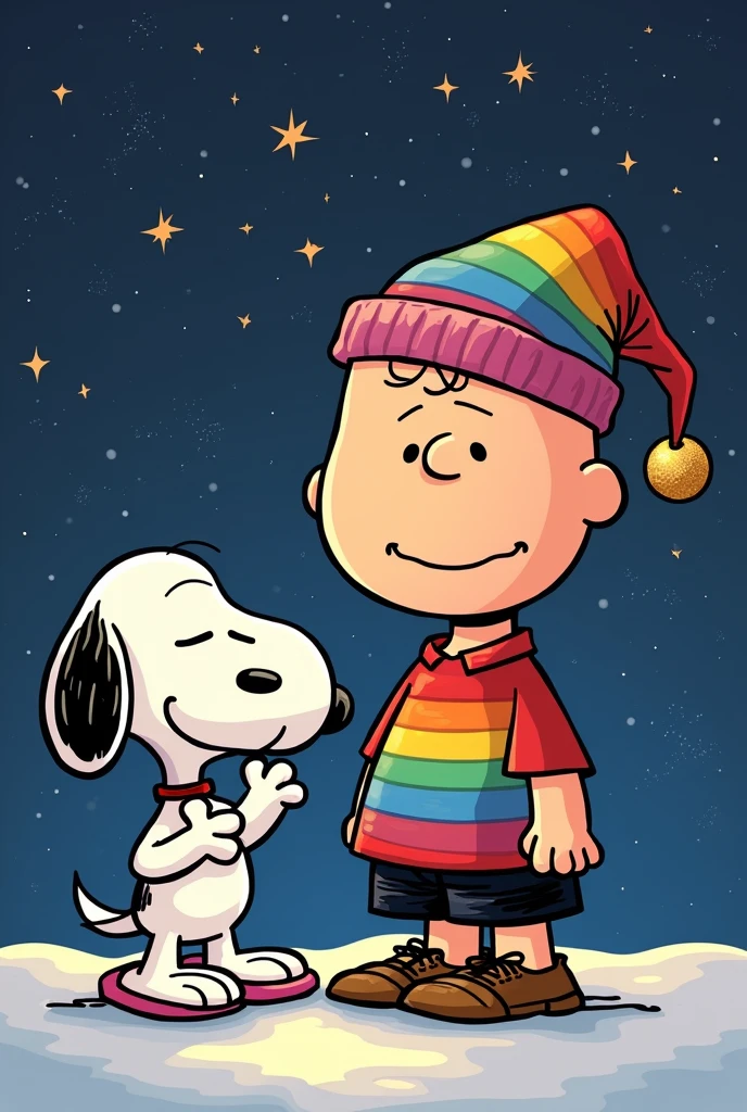 stain glass with rose gold out line snoopy realistic hd movie cartoon rainbow shirt and slippers with a rainbow swirl night cap nom like his eyes are squinting and hes tires #snoopy #holdingamgaicchristmasletter #charliebrownnexttohim #charliebrowninawhiteandblackstrippedshirt #charliebrowniswearingblackbeachshorts #charliebrownwearingblacknikkishoes 