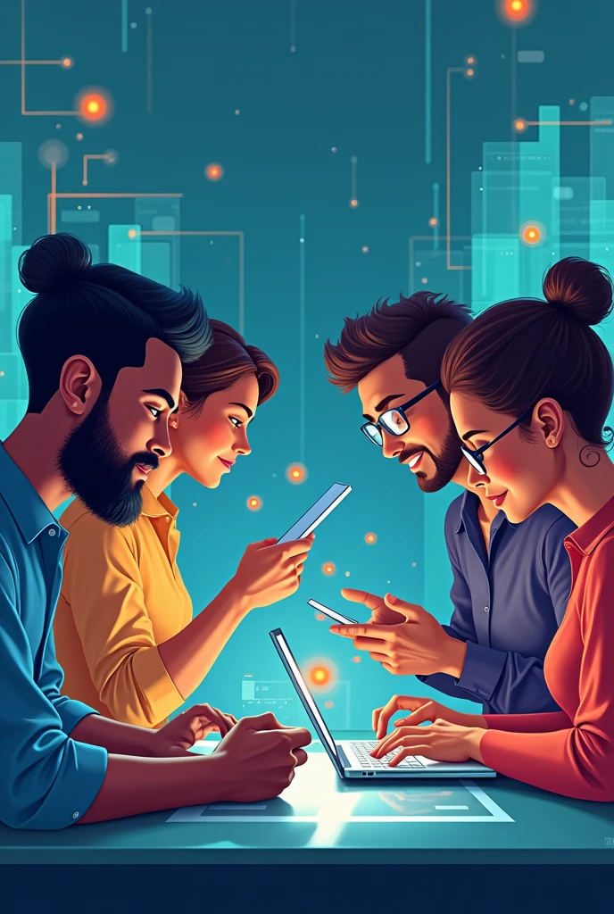 A detailed illustration of a diverse and inclusive team of men and women from various backgrounds, ethnicities, and specifically including people from Brazil, working together in a modern, high-tech environment. The team is connected by digital devices like tablets and laptops, symbolizing collaboration. Dynamic lines of light or energy in soft orange and blue tones flow between the team members, representing the exchange of ideas and innovation. The background is a futuristic setting with subtle elements like holograms, digital interfaces, and geometric patterns that suggest technology and progress. The overall style is clean, with vibrant colors such as blues, greens, and purples, creating a modern and energetic atmosphere.