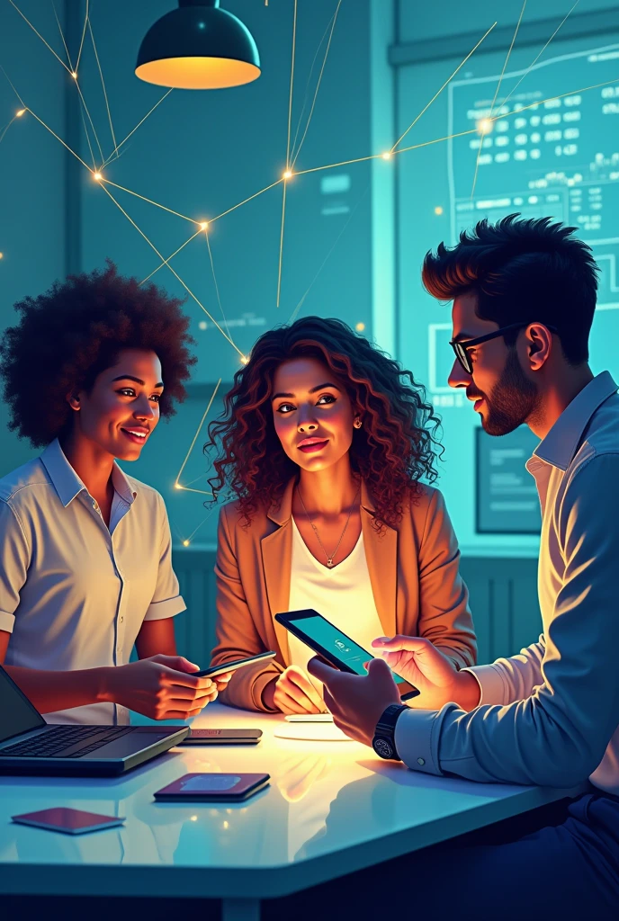 A detailed illustration of a diverse and inclusive team of men and women from various backgrounds, ethnicities, and specifically including people from Brazil, working together in a modern, high-tech environment. The team is connected by digital devices like tablets and laptops, symbolizing collaboration. Dynamic lines of light or energy in soft orange and blue tones flow between the team members, representing the exchange of ideas and innovation. The background is a futuristic setting with subtle elements like holograms, digital interfaces, and geometric patterns that suggest technology and progress. The overall style is clean, with vibrant colors such as blues, greens, and purples, creating a modern and energetic atmosphere.
