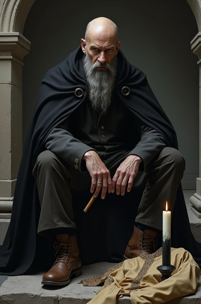black lord ,,bald man with gray beard ,strong with tired look ,Sitting on a stone ,with a candle that is half white and half black ,access on the floor on the right side ,beige blouse and brown pants ,common cigar in his right hand