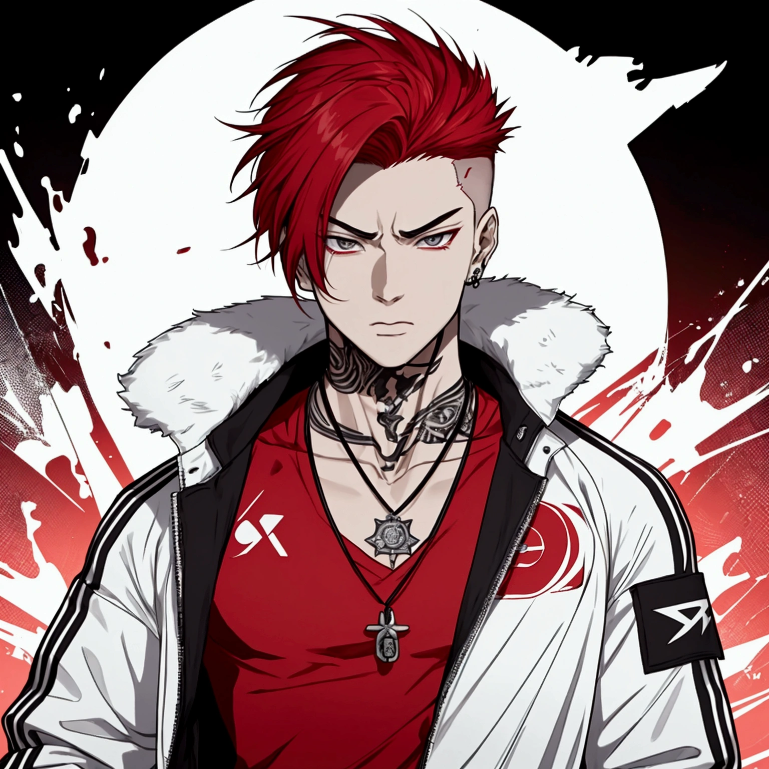 red hair, bald, Gradient_eyes, tongue out, long tongue, oral invitation, modern, アニメ, character chart, tachi-e, uhd, highres, best quality、Young man, He likes to wear sportswear-like clothes., White shades dominate. His body is covered in everything from abstract patterns to symbols of strength and defiance.、Arsenal、Cannon tattoos can be seen. Sports competition. Can be worn as a pendant or on a chain around the neck, His youth々Enhances a stylish and stylish image. Your facial expression and posture may be a little tense., He himself appears short-tempered and aggressive., Aggressive facial expression.