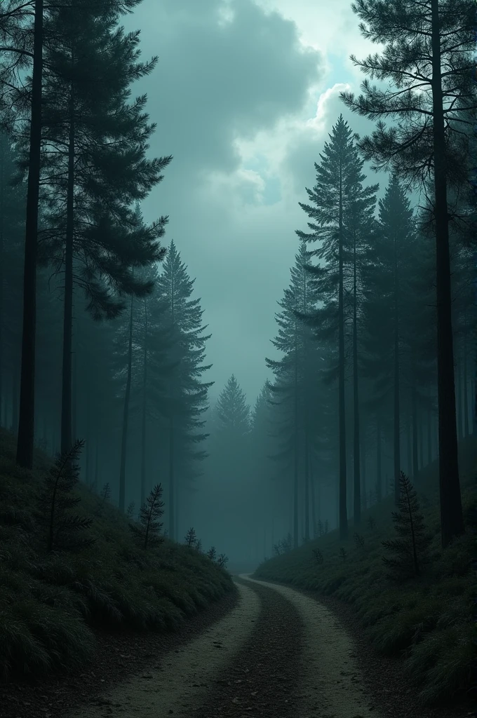 Scene at the entrance of a dense pine forest, the weather is cloudy, and gives a feeling of mystery and fear.