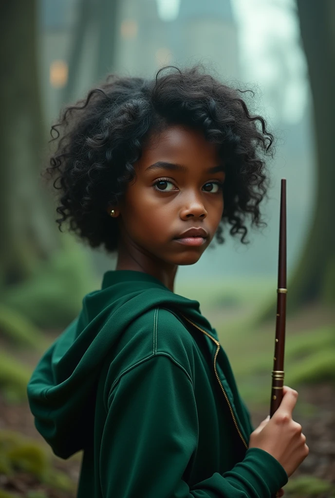 Fb cover Photo of brown skin tone girl, bright eyes, clear eyes,smooth soft skin, big dreamy eyes, black short curly hair, soft lighting, detailed face standing in a Hogwarts with a wand. Wearing slytherin dress.