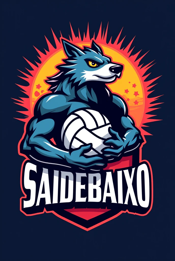 Emblem of a volleyball team called Saidebaixo With a volleyball and a mascot 