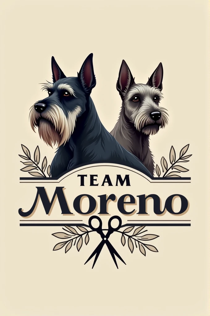 Create a logo for me which has a Giant Schnauzer and a Scottish Terrier in the background, that in the center it says team moreno. Decorate it with objects related to dog grooming, that is striking but at the same time elegant with a minimalist touch and that carries colors