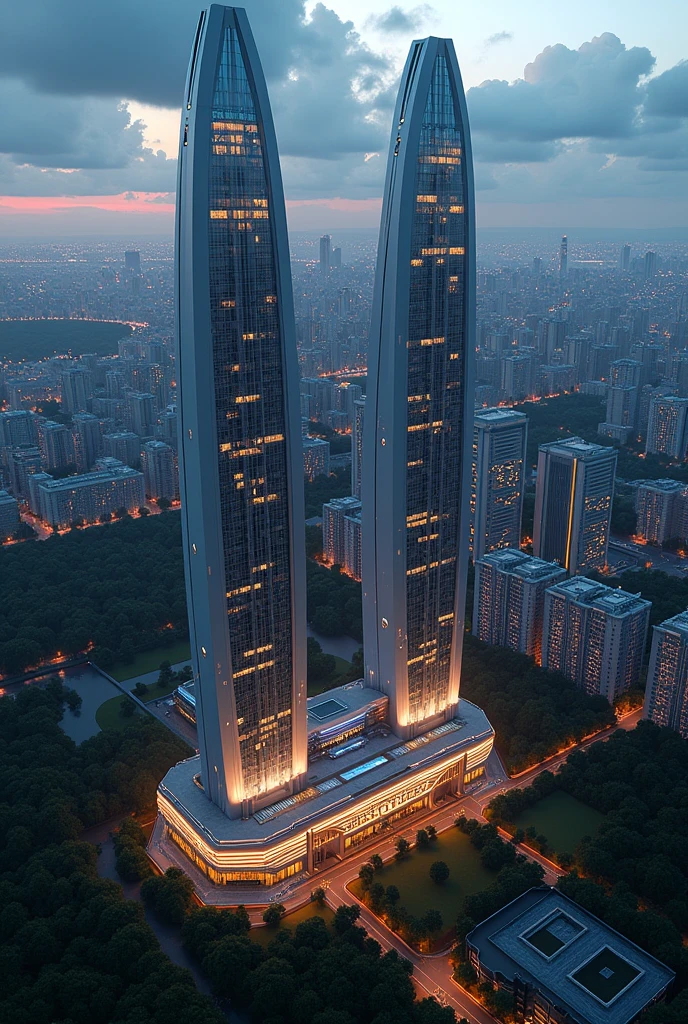 birdseye view, multiple buildings, massive skyscrapers, tall towers, mile high building, hart deco design,urban buildings,streamline moderne,futuristic architecture, Abstraction,modern style,Luxury and Luxury,Future night view,Futuristic decorative elements,Metallic,number line,sci-fi lamp,Virtual Engine,Unreal rendering, neon lights, apartments, restaurants, mixed use, multiple buildings, trees, parks, greenery, grass, green field, horizon,