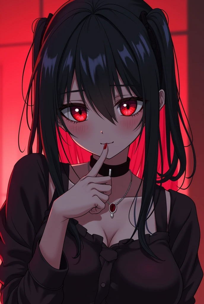 Sitting on a black sofa,looking ahead,from above,side view,face focus,open mouth,tongue out,cum on tongue,lick,(1girl,Beautiful 14 year old girl),((Slender,Small breasts,Baby Face,Small face,)),looking at viewer,Black Hair,bangs,two side up,Gray Eyes,Drooping eyes,slit pupils,narrow eyes,ollarbone,black t-shirt,off-shoulder look,Black and red checkered short skirt,Beautiful and detailed anime art,Mischievous smile,Dimly lit room,Simple Background,Gray background,Low lighting