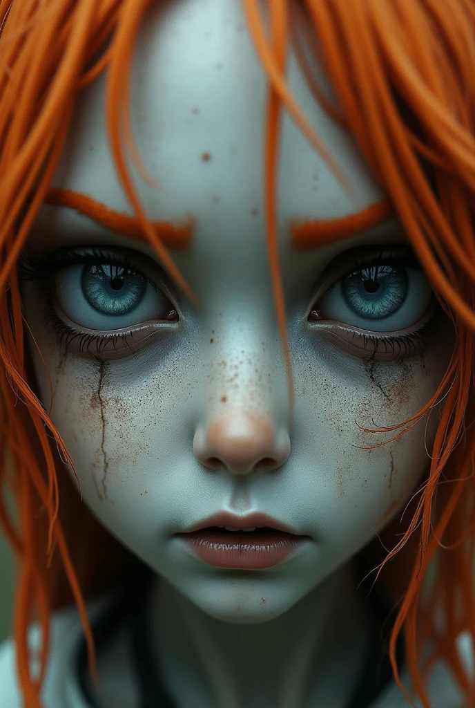 pair of eyes only eyes. watery eyes, with tears. They show sadness, hatred, anger. orange eyebrows strands of orange hair falling in a loop. porcelain skin, covered in ash and dust.