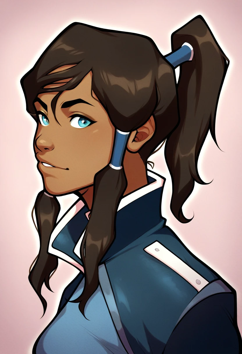 score_9, score_7_up 1girl, solo, korra, dark skin, ponytail, portrait, leather jacket, black jacket, shirt,