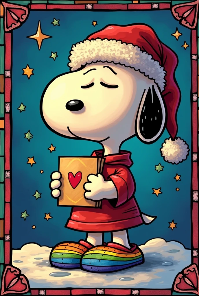 stain glass with rose gold out line snoopy realistic hd movie cartoon rainbow shirt and slippers with a rainbow swirl night cap nom like his eyes are squinting and hes tires #snoopy #holdingamgaicchristmasletter #charliebrownnexttohim #charliebrowninawhiteandblackstrippedshirt #charliebrowniswearingblackbeachshorts #charliebrownwearingblacknikkishoes charlie brown is next to him he is on a very inportant mission for the suprise party 
