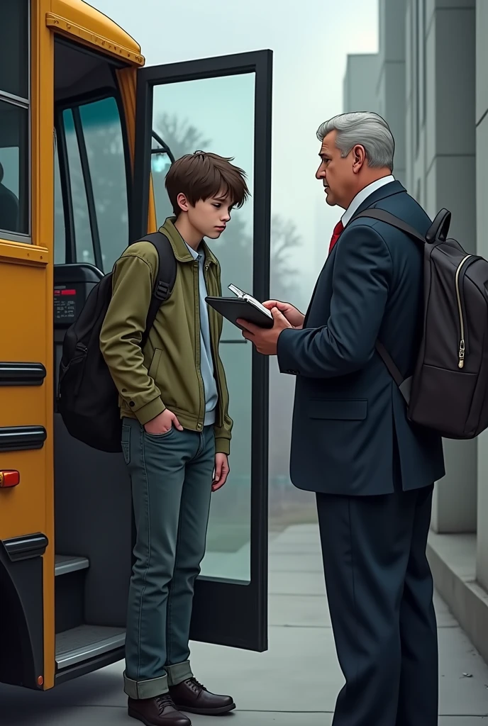 Student gets off the bus and looks at the school principal sad because he is being fined for excessive trash 