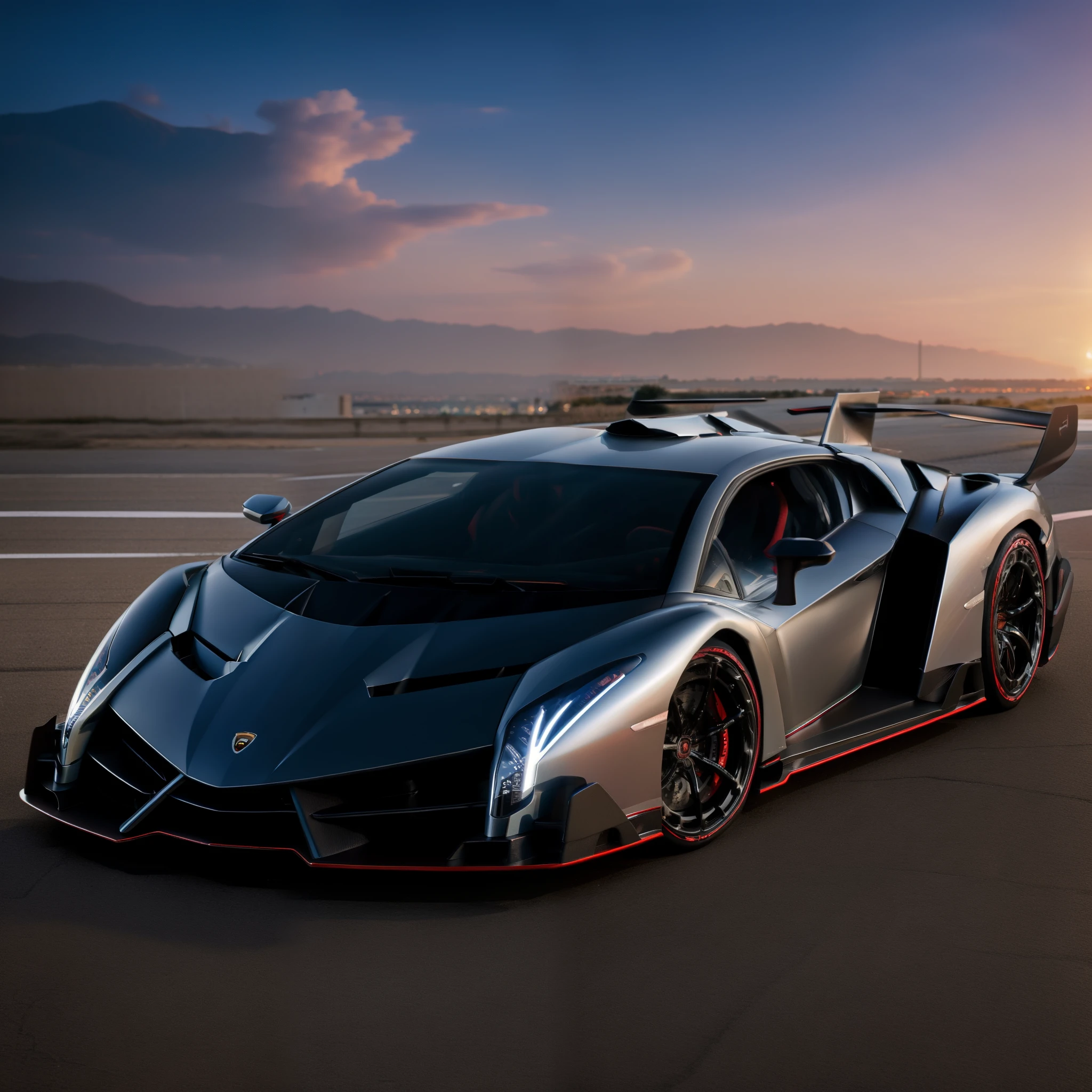 A lamborghini veneno the streets of city miami, Exquisite detail, taken with long exposure to capture the movement of cars and people,insane detail, , 8k, photography, Sony Alpha, Canon 5D, Fujifilm xt100 