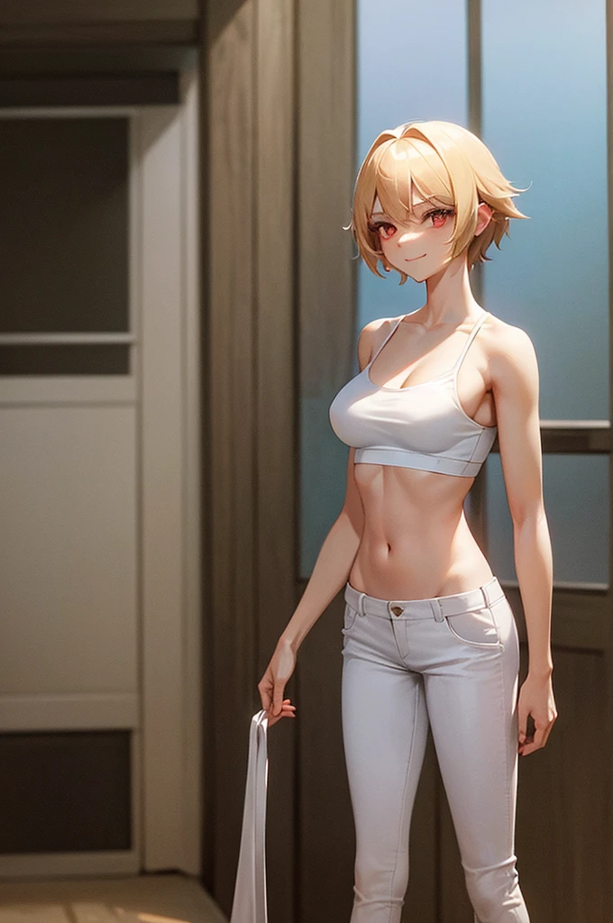 Create an image of a 20-year-old age woman .has sexy detailed body. He has an angelic face with red eyes, White skin. its height is 1,70 meters and has a detailed physique with large, firm breasts. Her short blonde hair, just above your shoulders, Wear a white tank top, neckline, PANTS xolo azul, PANTS, visible navel, thing legs, thin legs, long legs, walking. The posture is straight and firm, looking towards the camera with a smile