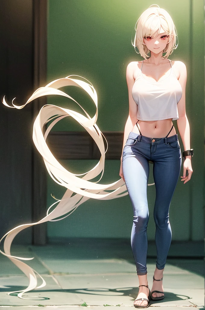 Create an image of a 20-year-old age woman .has sexy detailed body. He has an angelic face with red eyes, White skin. its height is 1,70 meters and has a detailed physique with large, firm breasts. Her short blonde hair, just above your shoulders, Wear a white tank top, neckline, PANTS xolo azul, PANTS, visible navel, thing legs, thin legs, long legs, walking. The posture is straight and firm, looking towards the camera with a smile