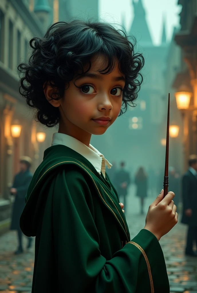 Fb cover Photo of indian tone girl, bright eyes, clear eyes,smooth soft skin, big dreamy eyes, black short curly hair, soft lighting, detailed face standing in a Hogwarts with a wand. Wearing slytherin dress.