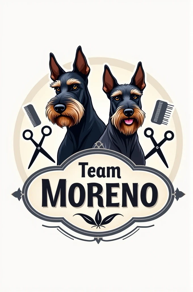 Create a logo for me which has a Giant Schnauzer and a Scottish Terrier in the background, that in the center it says team moreno. Decorate it with objects related to dog grooming, that is striking but at the same time elegant with a minimalist touch and that carries colors