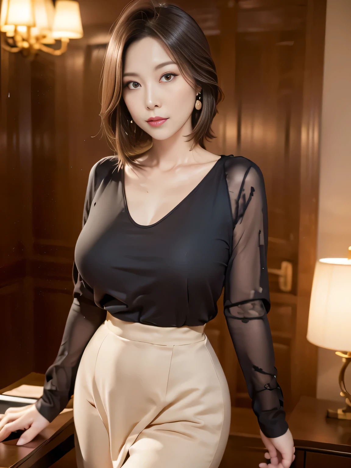 (masterpiece),(Highest quality),(Very detailed),(High resolution),(Photorealistic Stick),(RAW Photos),8k,Room lighting:Incandescent color: about 1000 Kelvin、A kind 60-year-old Japanese mother、Standing in the bedroom、She is wearing a blue long skirt and a white see-through blouse.、No bra, black nipples showing through、Kamigata:Elegant medium hair、Ring-shaped earrings、Perfect Makeup、Frustrated face、An inviting face、Very large breasts、H-Cup、Saggy breasts、Narrow waist、Wide ass、Fatty face、