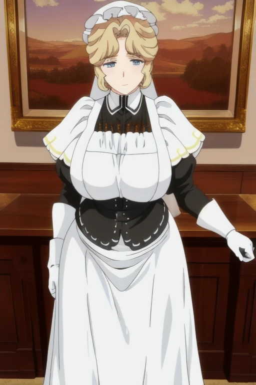 Maria_VM, huge_breasts, standing, solo, VIctorian_Maid_Uniform, masterpiece, best quality, detailed face, detailed eyes, highres, white gloves, long skirt, skirt the ground