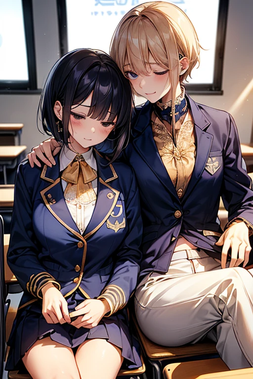 High-quality, ultra-realistic portraits。
(Big eyes、Gentle features、Natural smile)、((Asymmetrical shorthair:1.8、light brown))、(Medium ??????)、Light Skin Tone、Healthy and smooth skin、((Navy blue blazer:1.8))、(White long sleeve blouse:1.4、Lace trim on collar、Gold Button、School emblem on ?????? pocket、Navy and white checkered pleated skirt:1.5)、Simple silver earrings、Slim wristwatch、 Black Loafers、((In the background is a classroom with advanced digital screens.:1.3))。(????????????:1.4)、(Lift your shirt:1.4)、(Belly button:1.3)、(share、shareを表示:1.4)、
(Sleeping on board:1.3)、(Leg spread:1.3)、
（In the classroom、after school、indoor：1.3）、
(Backlight:1.3)、(Dutch Angle:1.3)、