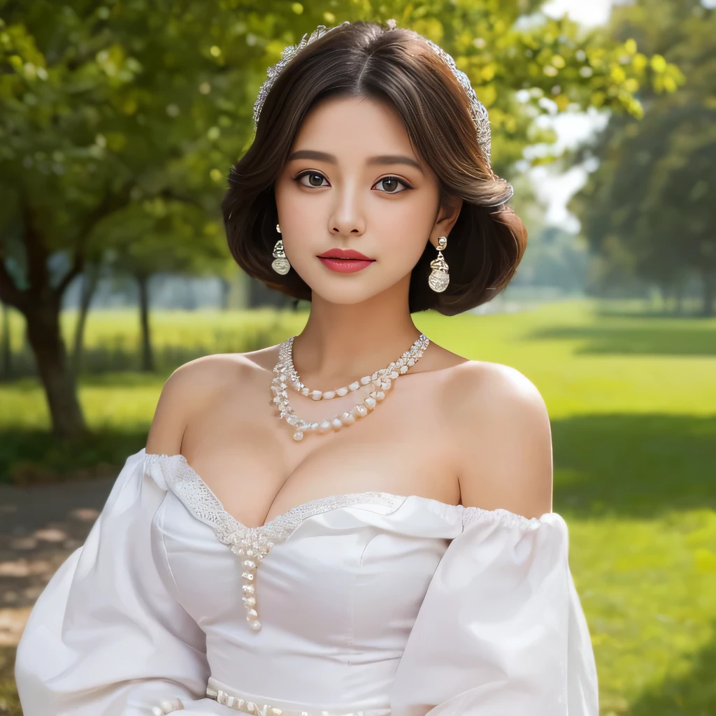 off shoulder, open chest, deep cleavage, pearl necklace, tree,  puffy sleeves