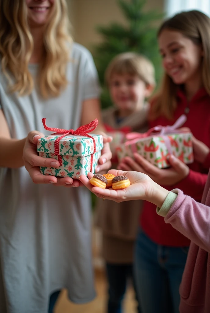 distributing souvenirs to children without showing their faces, just their hands delivering the sweet gifts