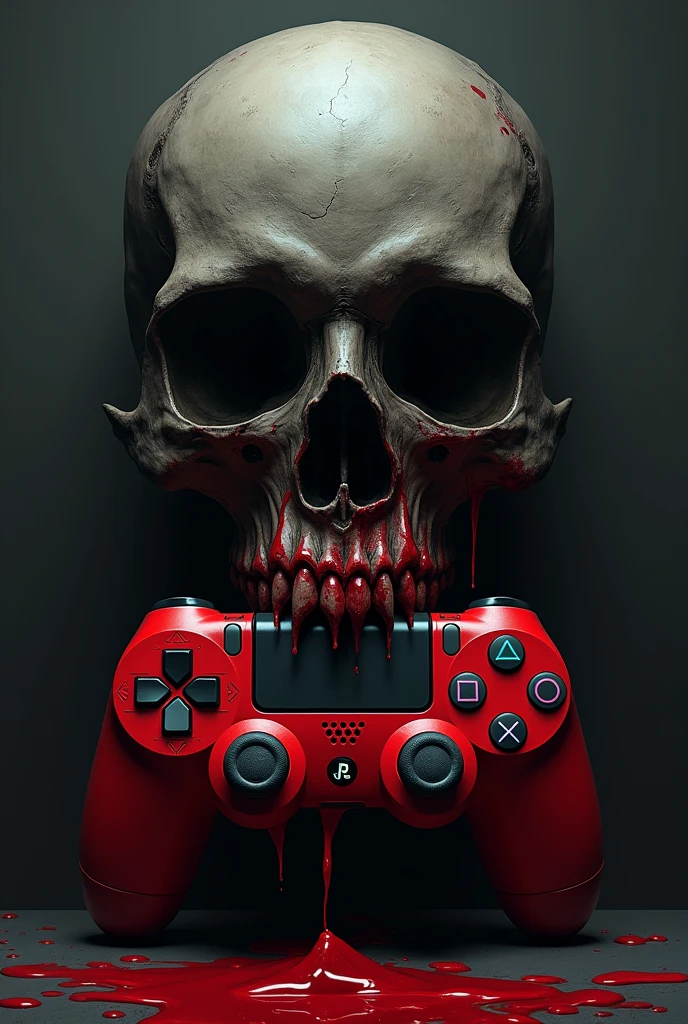 Drawing of a black skull head dripping blood with a red Playstation controller in its mouth with the name JD GAMES