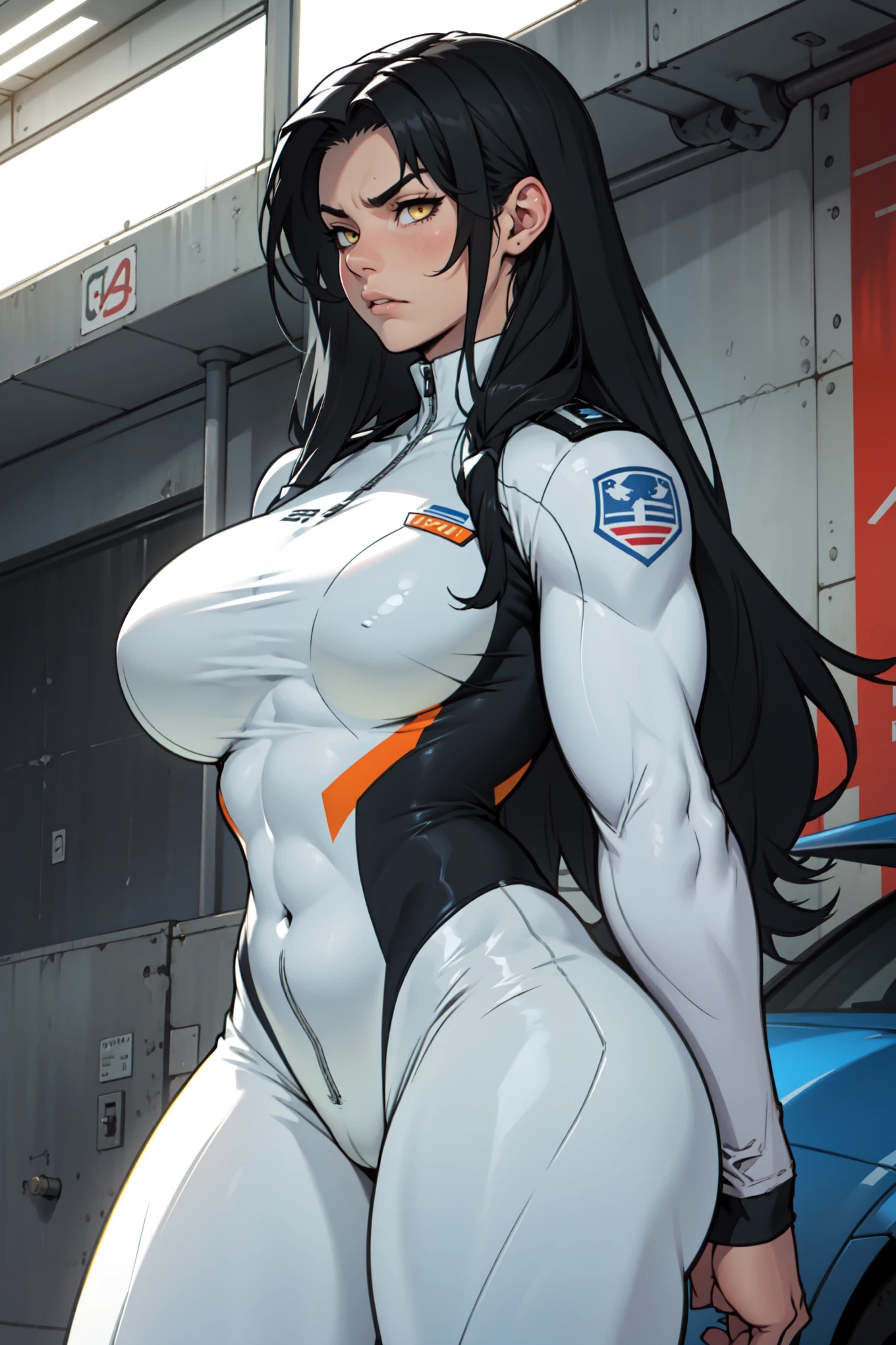 1 girl huge breasts muscular pale skin muscular muscular muscular black hair yellow eyes muscular muscular long hair long hair long hair long hair long hair long hair long hair long hair long hair long hair long hair long hair muscular muscular long long long long long long long long long bodysuit pilot suit thick thick thick thick thick thick thick thick thick thick thick thick thick thick frown