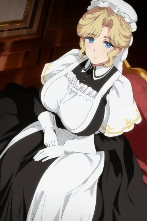 Maria_VM, huge_breasts, standing, solo, VIctorian_Maid_Uniform, masterpiece, best quality, detailed face, detailed eyes, highres, white gloves, long skirt, sitting, bed