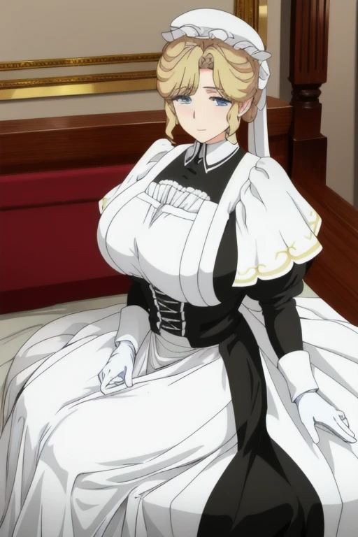 Maria_VM, huge_breasts, standing, solo, VIctorian_Maid_Uniform, masterpiece, best quality, detailed face, detailed eyes, highres, white gloves, long skirt, sitting, bed