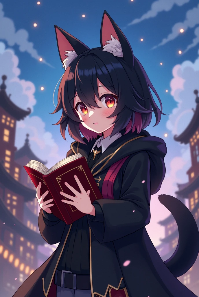 Anime character with a book and cat ears standing in front of a city, a character portrait of Kanbun Master, pixiv contest winner, furry art, world boss kitten, advanced digital chibi art, dark fox mage, Anime moe art style, black - haired mage, Anime im Fantasy-Stil, detailed fanart, arcane art style, shadowverse style
