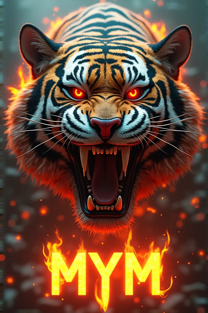 Super strong cyberpunk demonic tiger head with burning dollar bills, MYM written at the bottom on fire.