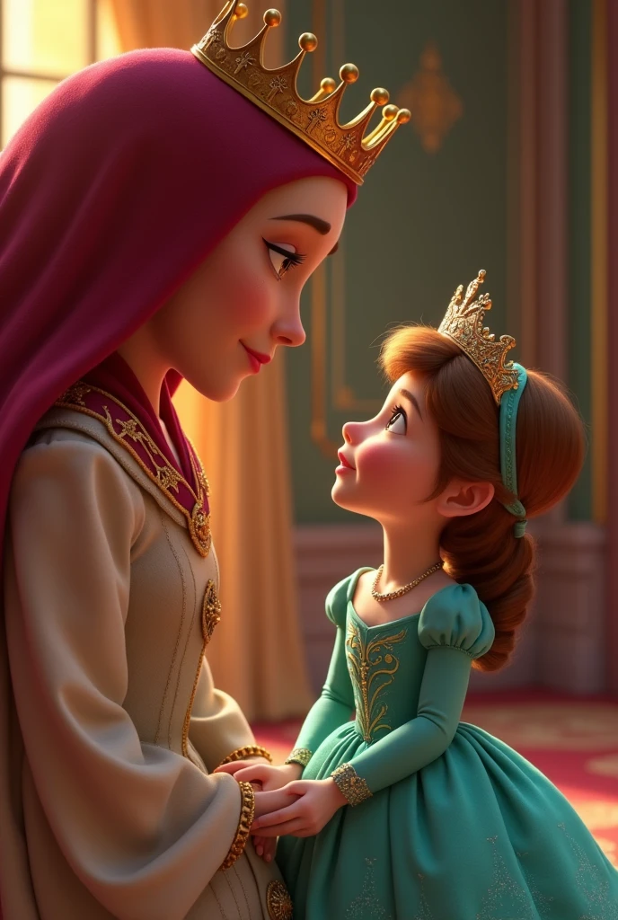 Pixar animated little princess girl in her teal royal dress standing face to face with a larger adult queen, gazing at her with tenderness.