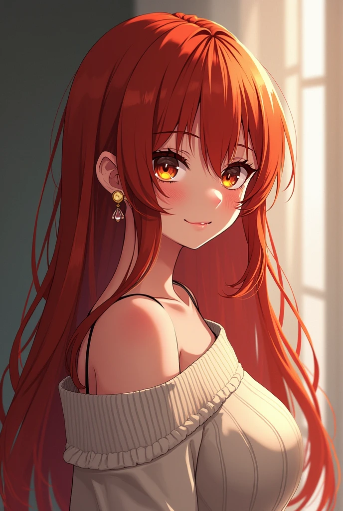((best quality)), ((masterpiece)), (detailed), 1girl, off-shoulder sweater, cherry red long hair