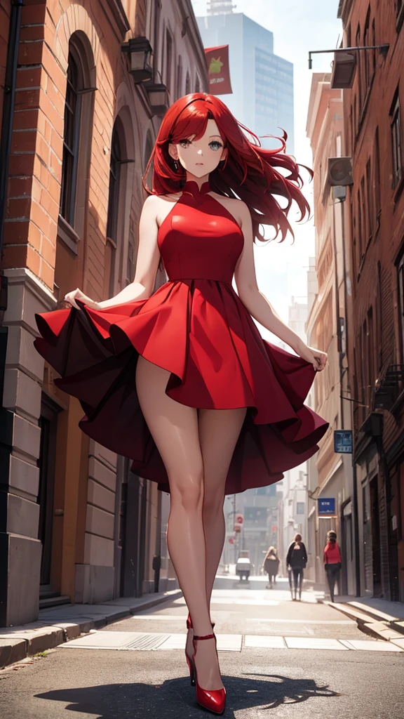Beautiful woman, full body, red hair, dress 80', red heels, background, height of a building